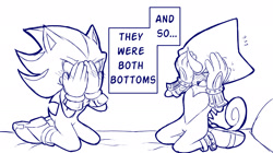 Size: 2048x1144 | Tagged: suggestive, artist:faburin, espio the chameleon, shadow the hedgehog, blushing, covering face, duo, embarrassed, english text, gay, kneeling, line art, monochrome, shadpio, shipping