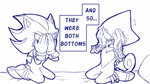 Size: 2048x1144 | Tagged: suggestive, artist:faburin, espio the chameleon, shadow the hedgehog, blushing, covering face, duo, embarrassed, english text, gay, kneeling, line art, monochrome, shadpio, shipping