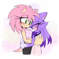 Size: 2048x2048 | Tagged: safe, artist:dorphizar, amy rose, blaze the cat, alternate outfit, amy x blaze, amybetes, blazebetes, blushing, cute, duo, hugging, lesbian, shipping, simple background, smile, white background