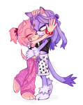 Size: 1624x2048 | Tagged: safe, artist:dorphizar, amy rose, blaze the cat, alternate outfit, amy x blaze, amybetes, blazebetes, blushing, cute, duo, hugging, lesbian, shipping, simple background, smile, standing, white background