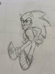 Size: 1536x2048 | Tagged: safe, artist:sorribu, sonic the hedgehog, frown, hand on hip, lidded eyes, line art, looking offscreen, monochrome, pencilwork, sketch, solo