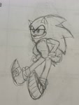 Size: 1536x2048 | Tagged: safe, artist:sorribu, sonic the hedgehog, frown, hand on hip, lidded eyes, line art, looking offscreen, monochrome, pencilwork, sketch, solo