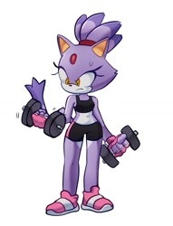 Size: 901x1182 | Tagged: safe, artist:xao_art, blaze the cat, dumbbell, sports bra, sports wear, sweatdrop, weightlifting, working out