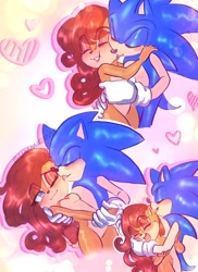 Size: 1490x2048 | Tagged: safe, artist:gummierat, sally acorn, sonic the hedgehog, holding each other, holding hands, laughing, licking face, long hair, sally x sonic