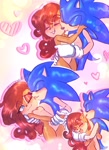 Size: 1490x2048 | Tagged: safe, artist:gummierat, sally acorn, sonic the hedgehog, holding each other, holding hands, laughing, licking face, long hair, sally x sonic
