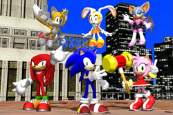 Size: 1095x730 | Tagged: safe, artist:supercarlosvillar, amy rose, cream the rabbit, knuckles the echidna, miles "tails" prower, rouge the bat, sonic the hedgehog, mmd