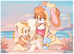Size: 2048x1501 | Tagged: safe, artist:milkchaotea, cheese (chao), cream the rabbit, vanilla the rabbit, beach, bikini, one-piece swimsuit, sand castle