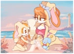 Size: 2048x1501 | Tagged: safe, artist:milkchaotea, cheese (chao), cream the rabbit, vanilla the rabbit, beach, bikini, one-piece swimsuit, sand castle