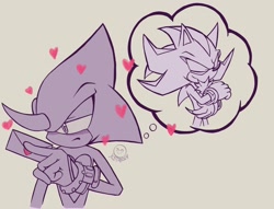 Size: 2048x1567 | Tagged: safe, artist:kirby64star, espio the chameleon, shadow the hedgehog, blushing, crush, gay, grey background, heart, love letter, monochrome, rarepair, shadpio, shipping, simple background, solo, thought bubble
