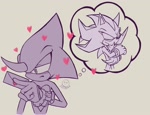 Size: 2048x1567 | Tagged: safe, artist:kirby64star, espio the chameleon, shadow the hedgehog, blushing, crush, gay, grey background, heart, love letter, monochrome, rarepair, shadpio, shipping, simple background, solo, thought bubble