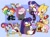 Size: 2048x1514 | Tagged: safe, artist:fieldofcloverz, sonic the hedgehog, super sonic, cat, owl, rabbit, wolf, applejack, clenched teeth, clothes, couch, crossover, eye clipping through hair, eyebrow clipping through hair, eyes closed, fluttershy, frown, goggles, goggles on head, group, hawk, hiding, hoodie, looking offscreen, lying on side, mobianified, mouth open, my little pony, open smile, outline, pinkie pie, rainbow dash, rarity, reference inset, shiba inu, smile, species swap, super form, treads, twilight sparkle, white outline
