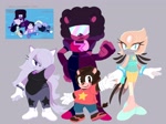 Size: 2975x2231 | Tagged: safe, artist:kanayanga, bear, bird, cat, amethyst, female, garnet, group, lion, male, mobianified, pearl, secretary bird, steven universe (character), steven universe (series)