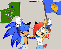 Size: 1709x1364 | Tagged: safe, artist:risziarts, sally acorn, sonic the hedgehog, chipmunk, hedgehog, acorn, alternate outfit, angel island, au:sonic world travel, blue power pattern, celebration, chaos emerald, cyan power pattern, duo, female, flag, male, master emerald, sally x sonic, shipping, straight, tank top