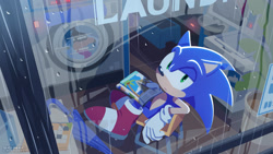Size: 1200x675 | Tagged: safe, big the cat, sonic the hedgehog, hedgehog, boots, indoors, laundry, male, rain, sneakers, solo, sonic channel, sonic pict
