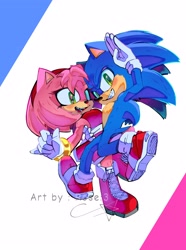 Size: 2724x3656 | Tagged: safe, artist:rose_9172, amy rose, sonic the hedgehog, hedgehog, amy x sonic, duo, female, male, movie style, shipping, straight
