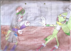 Size: 280x203 | Tagged: safe, artist:thunder-the-mouse, jet the hawk, oc, oc:thunder dark the hedgemouse, traditional media