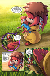 Size: 1105x1700 | Tagged: safe, artist:glitcher, knuckles the echidna, lara-le, comic:knuckles-deep in trouble, extreme size difference, kneecaps the echidna