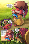 Size: 1105x1700 | Tagged: safe, artist:glitcher, knuckles the echidna, lara-le, comic:knuckles-deep in trouble, extreme size difference, kneecaps the echidna