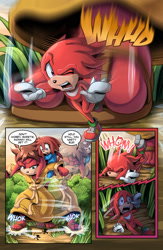 Size: 1105x1700 | Tagged: safe, artist:glitcher, knuckles the echidna, lara-le, comic:knuckles-deep in trouble, extreme size difference, kneecaps the echidna