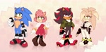 Size: 4096x2024 | Tagged: safe, artist:2003nekotenshi, amy rose, shadow the hedgehog, sonic the hedgehog, oc, oc:koko the hedgehog, hedgehog, amy x sonic, female, male, older, shadow x oc, shipping, straight