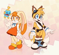 Size: 2621x2446 | Tagged: safe, artist:2003nekotenshi, cheese (chao), cream the rabbit, miles "tails" prower, chao, cream x tails, female, male, older, shipping, straight, trio