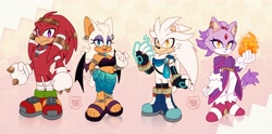 Size: 4096x2024 | Tagged: safe, artist:2003nekotenshi, blaze the cat, knuckles the echidna, rouge the bat, silver the hedgehog, female, knuxouge, male, older, shipping, silvaze, straight