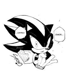 Size: 2713x2741 | Tagged: safe, shadow the hedgehog, chaos emerald, dialogue, fight, pose, speech bubble, text, watermark