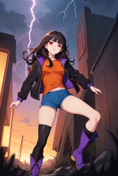 Size: 512x768 | Tagged: safe, ai art, oc, oc:thunder dark the hedgemouse, human, asymmetrical legwear, black hair, boots, female, humanized, jacket, red eyes, shirt, shorts, single sock, single thighhigh