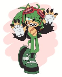 Size: 725x893 | Tagged: safe, artist:scourgefrontier, scourge the hedgehog, hedgehog, blue eyes, fingerless gloves, glasses, glasses on head, green fur, jacket, male, shoes, sunglasses