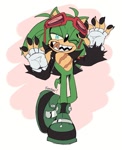 Size: 725x893 | Tagged: safe, artist:scourgefrontier, scourge the hedgehog, hedgehog, blue eyes, fingerless gloves, glasses, glasses on head, green fur, jacket, male, shoes, solo, sunglasses