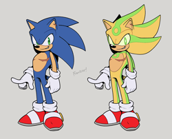 Size: 1168x943 | Tagged: safe, artist:scourgefrontier, sonic the hedgehog, hedgehog, blue fur, gloves, green eyes, green fur, male, shoes, socks, yellow fur