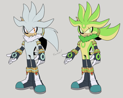 Size: 1280x1022 | Tagged: safe, artist:scourgefrontier, silver the hedgehog, hedgehog, boots, gloves, green eyes, green fur, grey fur, long gloves, male, stockings, yellow eyes, yellow fur