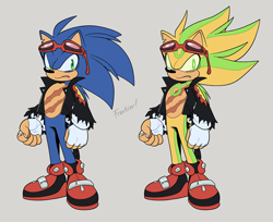 Size: 1214x990 | Tagged: safe, artist:scourgefrontier, hedgehog, anti-sonic, blue fur, fingerless gloves, glasses, glasses on head, green eyes, green fur, jacket, male, shoes, sunglasses, yellow fur