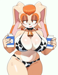 Size: 605x786 | Tagged: suggestive, vanilla the rabbit, boobs, bunny, cow, cowbell, lingerie, milk, thicc