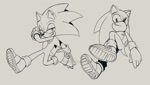 Size: 1188x673 | Tagged: safe, artist:scourgefrontier, sonic the hedgehog, hedgehog, gloves, male, shoes, socks, solo, top surgery scars