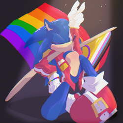 Size: 2048x2048 | Tagged: safe, artist:blep-starcat, sonic the hedgehog, 2025, flag, gradient background, jacket, looking at viewer, posing, pride, pride flag, progress pride, smile, solo, spotlight, wink