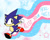 Size: 1280x1024 | Tagged: safe, artist:chumimi420, sonic the hedgehog, 2025, city escape (song), classic sonic, classic sonic (universe), english text, looking at viewer, low poly, no mouth, pride, running, signature, solo, sparkles, star (symbol), top surgery scars, trans male, trans pride, transgender