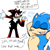 Size: 1000x1000 | Tagged: safe, artist:blep-starcat, shadow the hedgehog, sonic the hedgehog, hedgehog, 2025, dialogue, duo, english text, flat colors, male, signature, simple background, sketch, smile, standing, white background