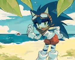 Size: 2048x1638 | Tagged: safe, artist:candleyy, knuckles the echidna, sonic the hedgehog, 2025, abstract background, beach, bending over, clothes, clouds, duo, female, gender swap, lidded eyes, looking at viewer, mouth open, one fang, open mouth, open smile, outdoors, palm tree, smile, solo focus, sonic boom (tv), water