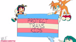 Size: 1920x1080 | Tagged: safe, artist:sonicpridecorner, charmy bee, kit the fennec, miles "tails" prower, english text, flag, flying, frown, looking at viewer, pride, pride flag, signature, smile, tentacle, trans pride, trio, water