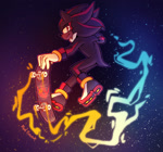 Size: 1320x1234 | Tagged: safe, artist:sonicpridecorner, shadow the hedgehog, abstract background, ace, aro ace pride, aromantic, looking at viewer, pride, signature, skateboard, smile, solo