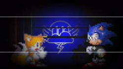 Size: 1920x1080 | Tagged: safe, miles "tails" prower, sonic the hedgehog, fanfic:rainbow factory, abstract background, bloodshot eyes, crossover, duo, my little pony, sprite