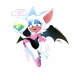 Size: 1890x2048 | Tagged: safe, artist:ghostie_goose, rouge the bat, chaos emerald, dialogue, english text, holding something, lidded eyes, looking at viewer, mouth open, open mouth, open smile, signature, simple background, smile, solo, white background