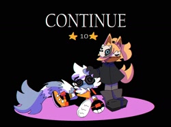 Size: 1765x1316 | Tagged: safe, artist:biolizardboss, tangle the lemur, whisper the wolf, black background, continue screen, duo, hand on another's head, simple background, sitting, standing, swirly eyes