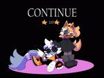 Size: 1765x1316 | Tagged: safe, artist:biolizardboss, tangle the lemur, whisper the wolf, black background, continue screen, duo, hand on another's head, simple background, sitting, standing, swirly eyes