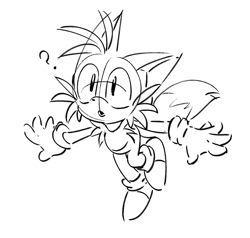 Size: 771x734 | Tagged: safe, artist:41waysu, miles "tails" prower, 2025, line art, looking offscreen, monochrome, mouth open, open mouth, question mark, simple background, sketch, solo, white background