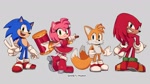 Size: 2048x1152 | Tagged: safe, artist:ghostlykuma, amy rose, knuckles the echidna, miles "tails" prower, sonic the hedgehog, 2025, grey background, group, holding something, looking at viewer, piko piko hammer, signature, simple background, smile, standing