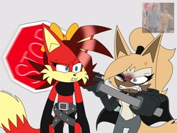 Size: 2048x1536 | Tagged: safe, artist:fartist2020, fiona fox, whisper the wolf, 2025, angry, cross popping vein, duo, flat colors, gibby hitting spencer with a stop sign, meme, reference inset, road sign, sign, standing, stop sign, this will end in pain