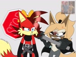 Size: 2048x1536 | Tagged: safe, artist:fartist2020, fiona fox, whisper the wolf, 2025, angry, cross popping vein, duo, flat colors, gibby hitting spencer with a stop sign, meme, reference inset, road sign, sign, standing, stop sign, this will end in pain