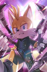 Size: 813x1226 | Tagged: safe, artist:nisibo25, miles "tails" prower, nine, sonic prime, 2025, abstract background, clenched teeth, from below, lidded eyes, solo, standing